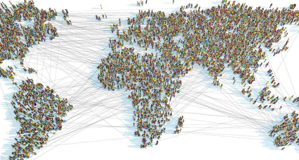 World map made of people, lines connecting continents 