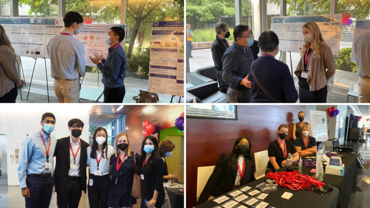 Top: Nghiem Lab Researchers discuss their research poster presentations with attendees. Bottom: Members of the Nghiem Lab Research Team who helped organize this year's event. 