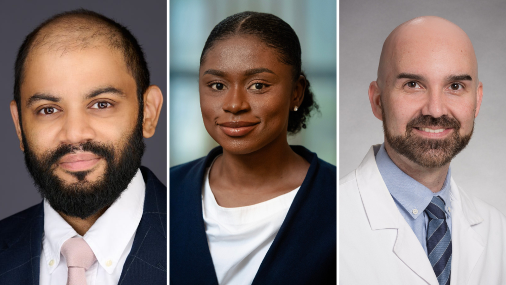 (l-r) Shivam Zaver, MD, PhD, Afua Tiwaa, Cory Simpson, MD, PhD