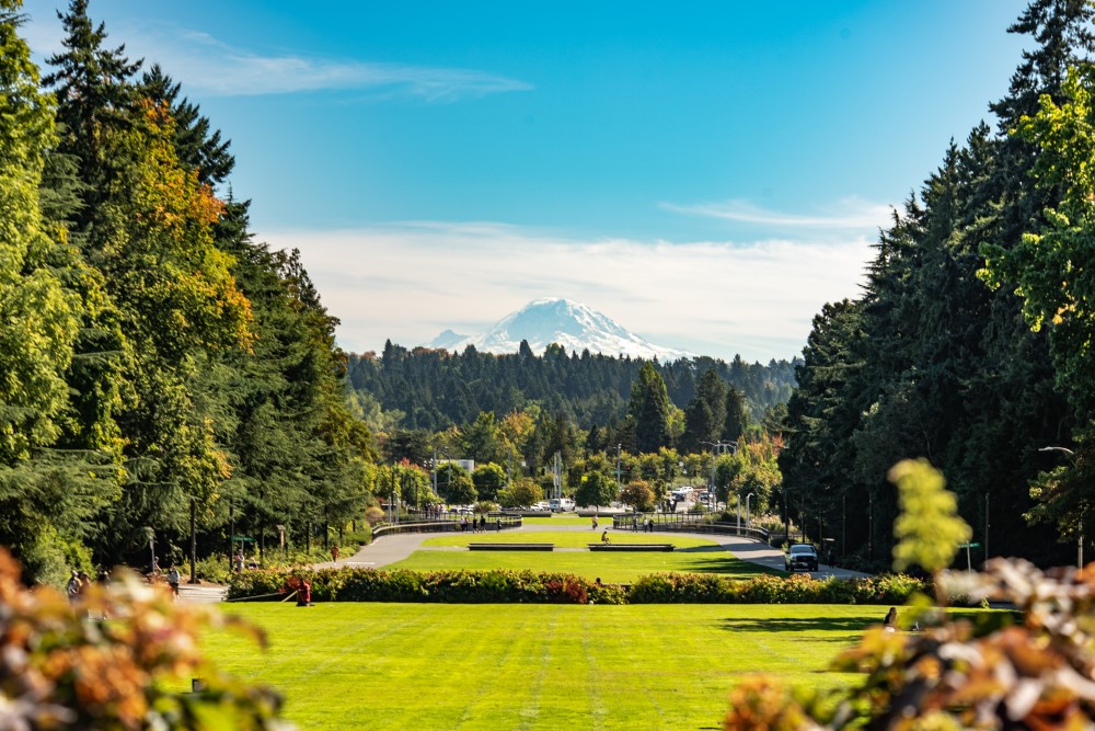 UW campus with Mt Rainier in distance 